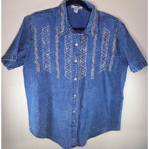 Vintage CZ Denim Embroidered Beaded Western Shirt Blue Cotton Acid Wash Size 1X